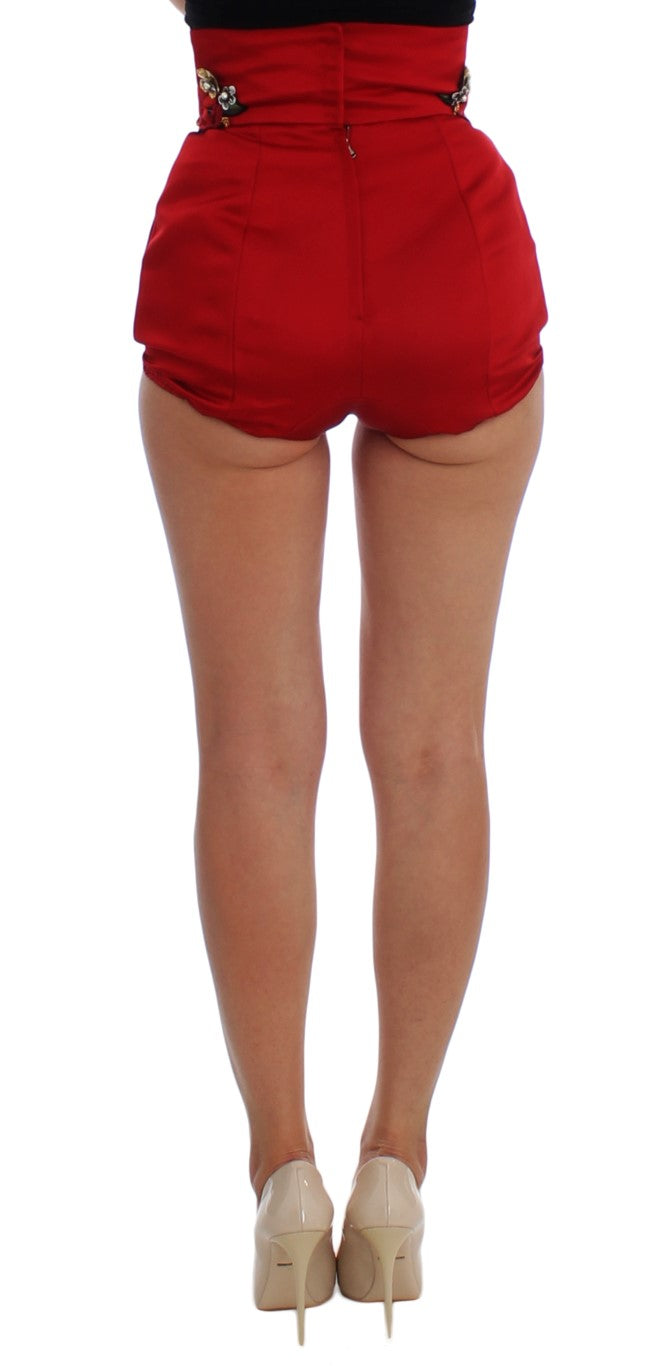 Dolce & Gabbana Red Silk Crystal Roses Shorts - Whispers Of Wisdom Clothing