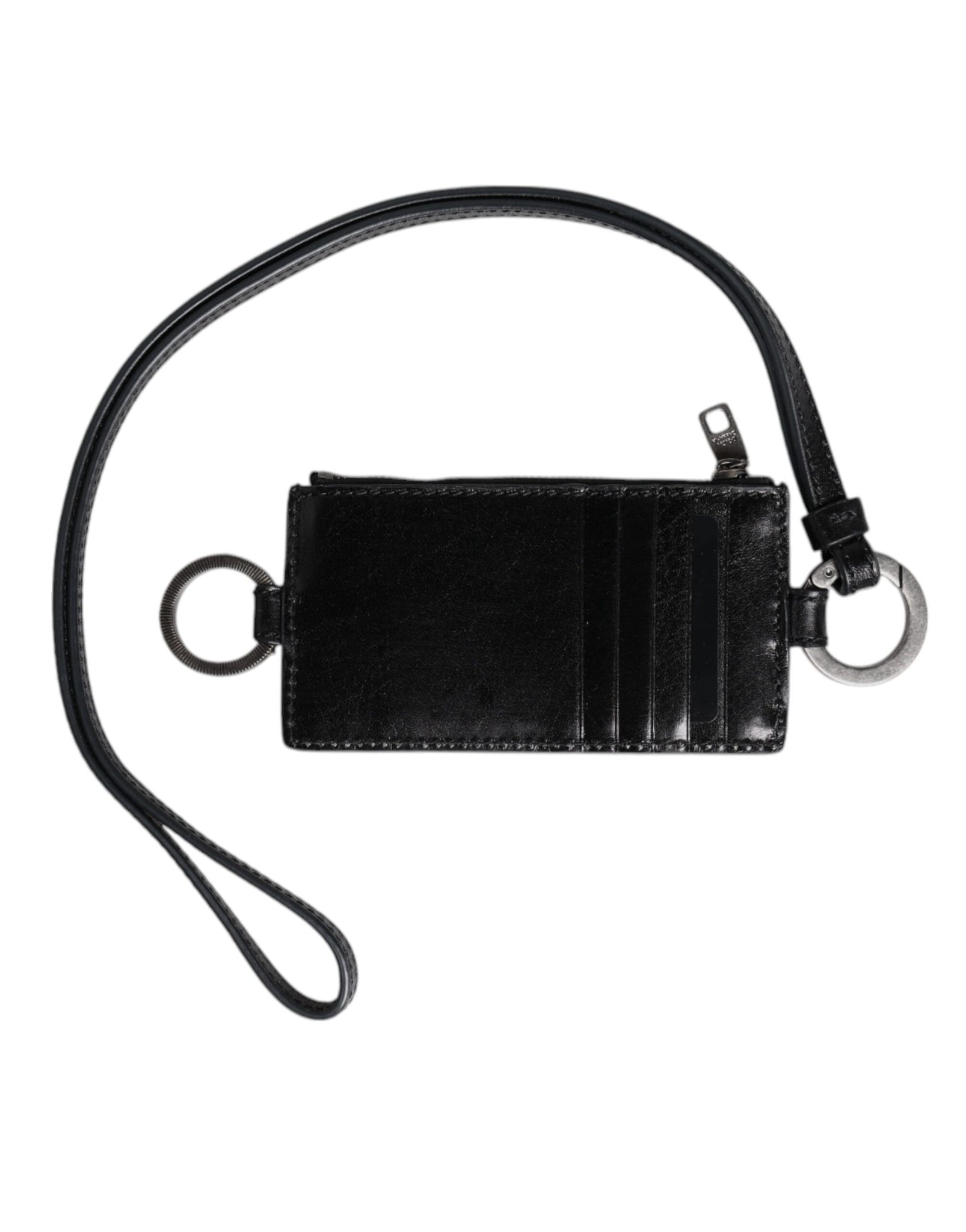Dolce & Gabbana Black Leather Logo Embossed Lanyard Card Holder Wallet
