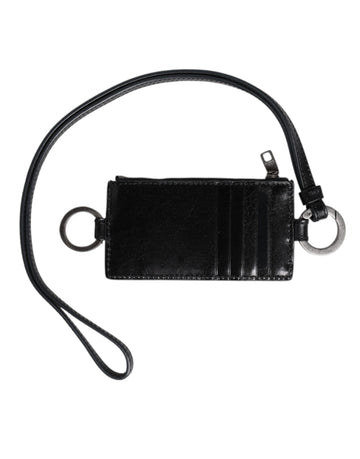Dolce & Gabbana Black Leather Logo Embossed Lanyard Card Holder Wallet