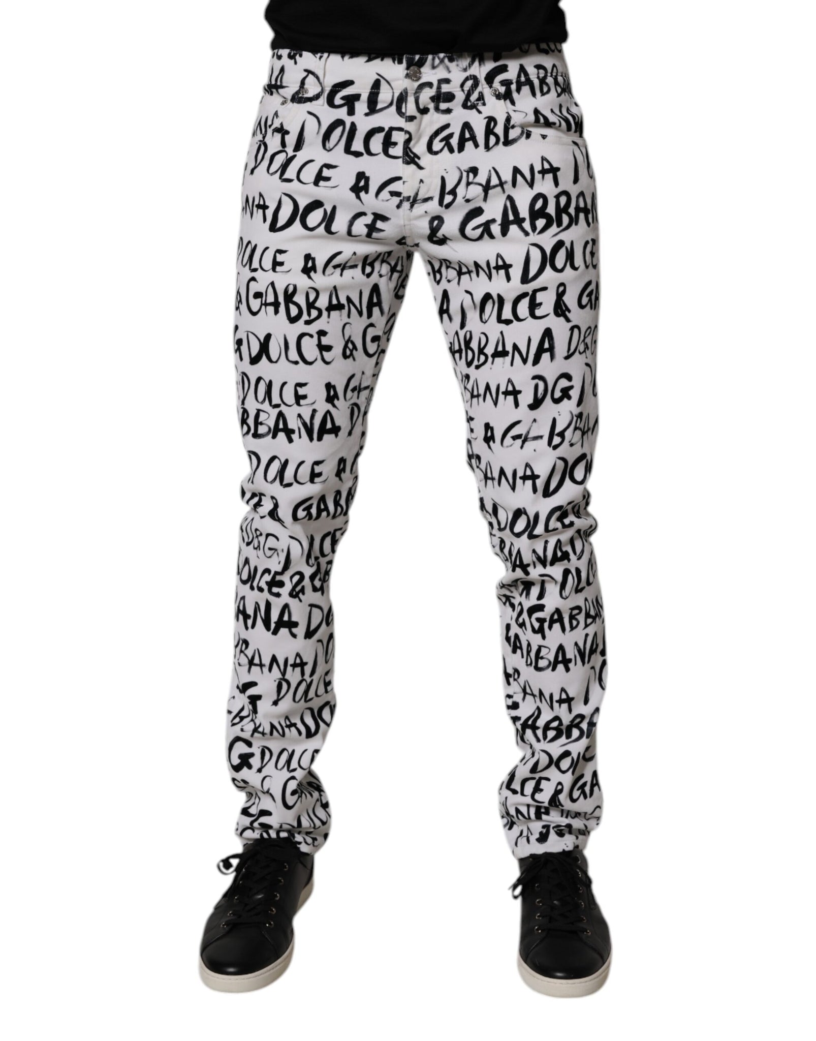 Dolce & Gabbana White Cotton Logo Print Skinny Denim Jeans