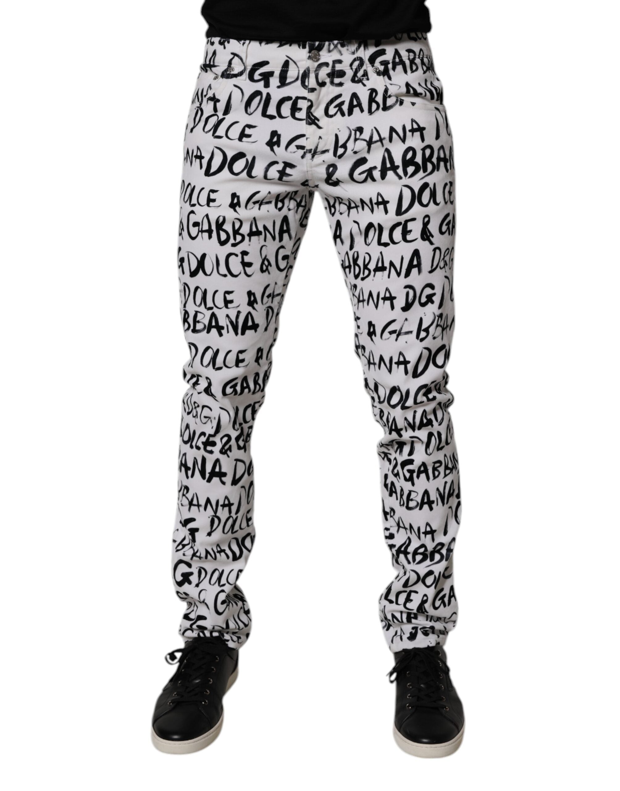 Dolce & Gabbana White Cotton Logo Print Skinny Denim Jeans