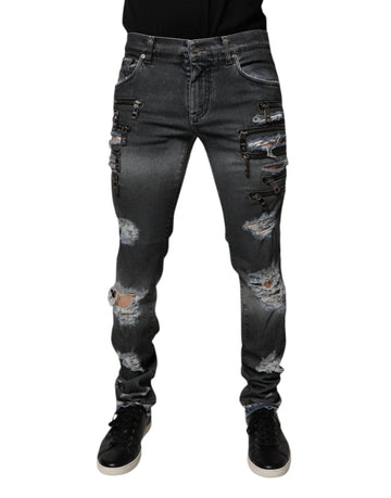 Dolce & Gabbana Dark Gray Tattered Cotton Skinny Denim Jeans