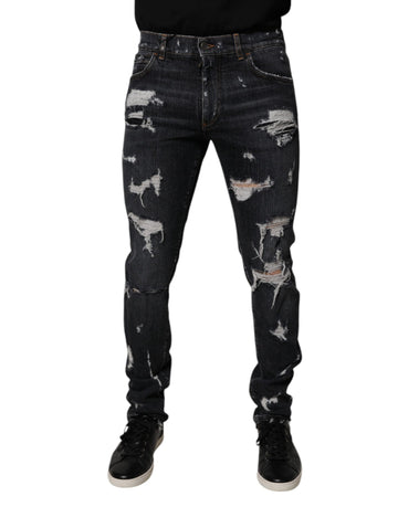 Dolce & Gabbana Black Tattered Cotton Skinny Men Denim Jeans