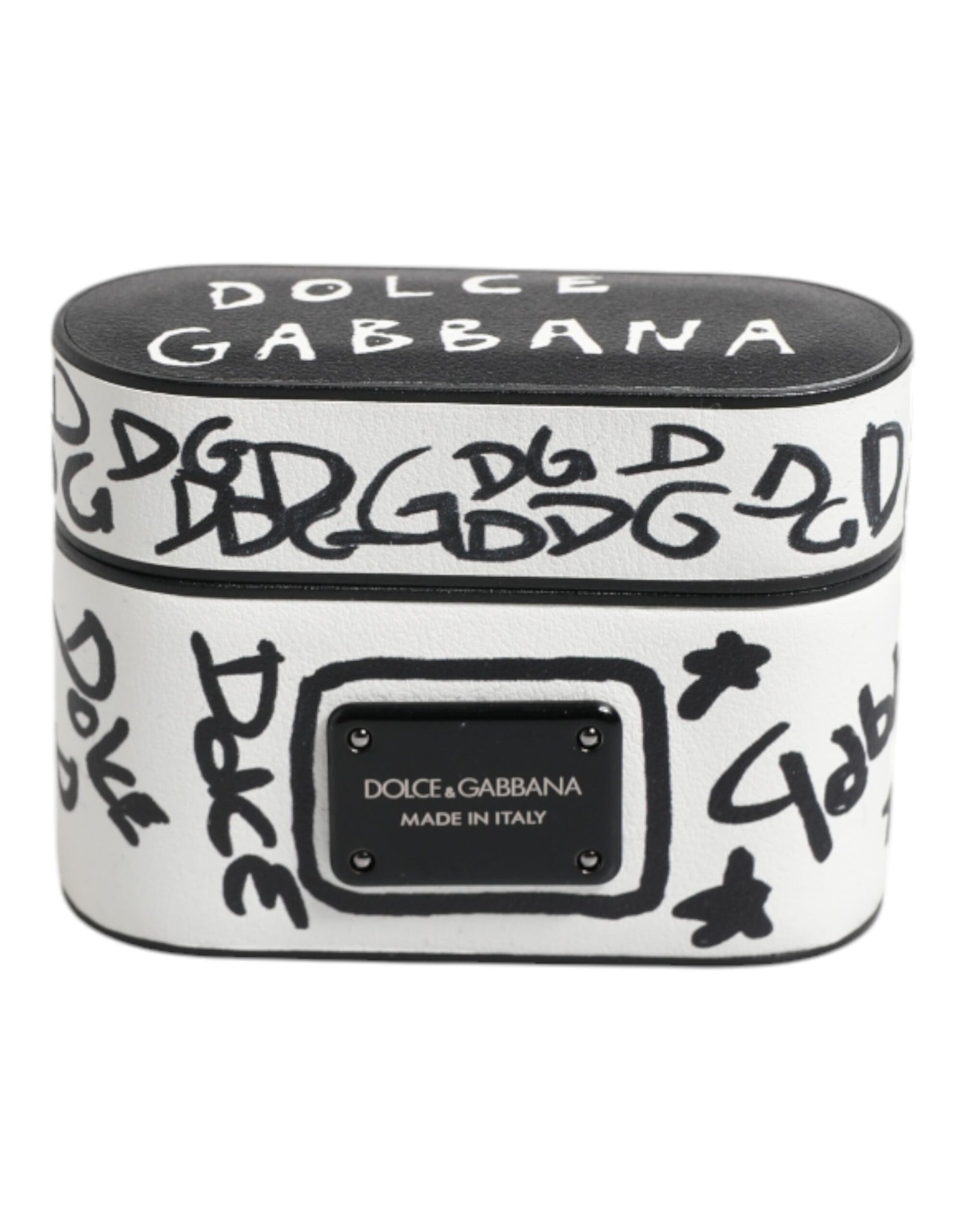 Dolce & Gabbana Black White Leather Scribble Embossed Logo Airpods Case