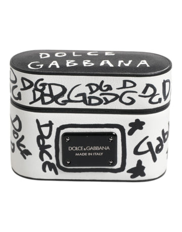 Dolce & Gabbana Black White Leather Scribble Embossed Logo Airpods Case