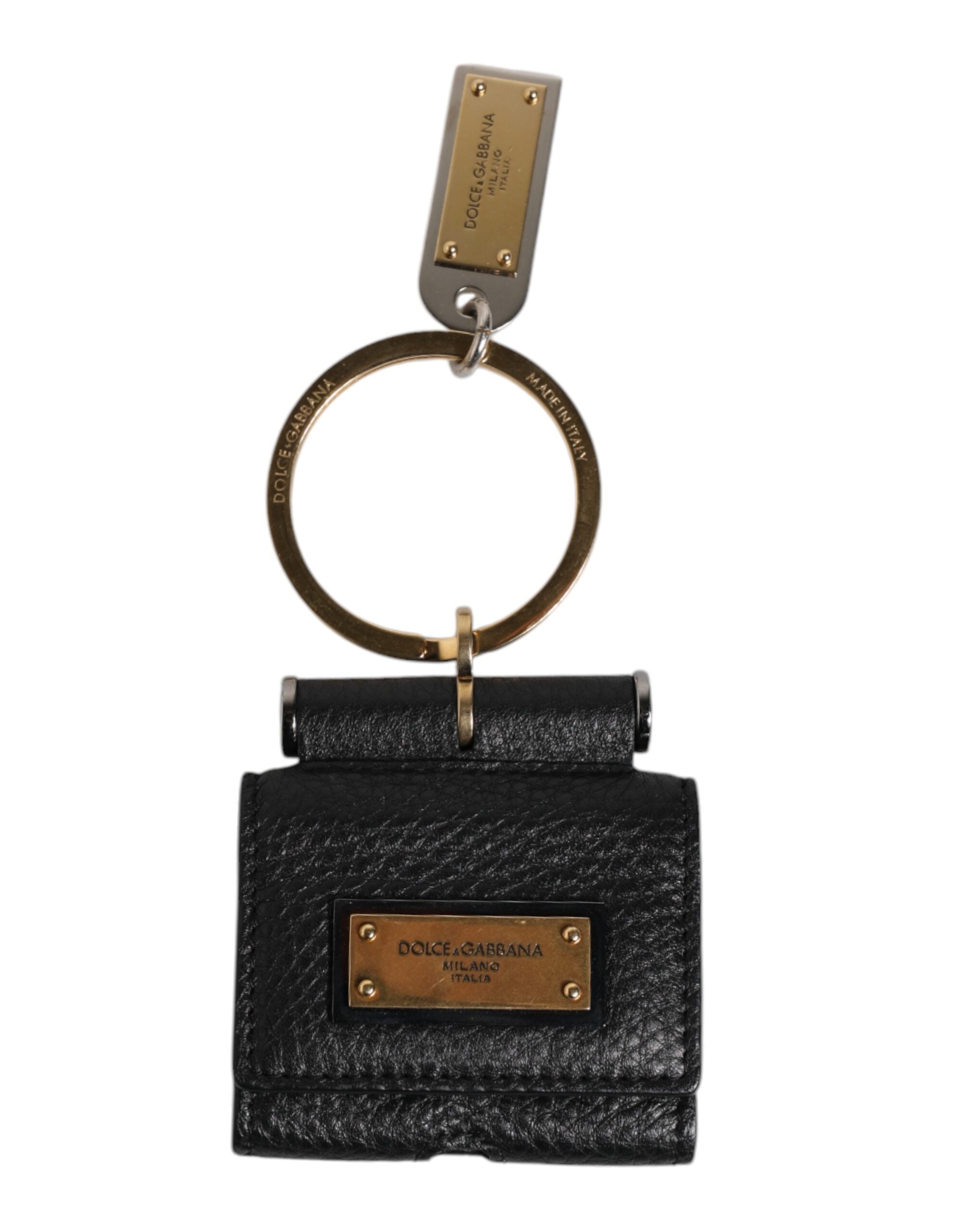 Dolce & Gabbana Black Leather Strap Gold Metal Logo Plaque Airpods Case