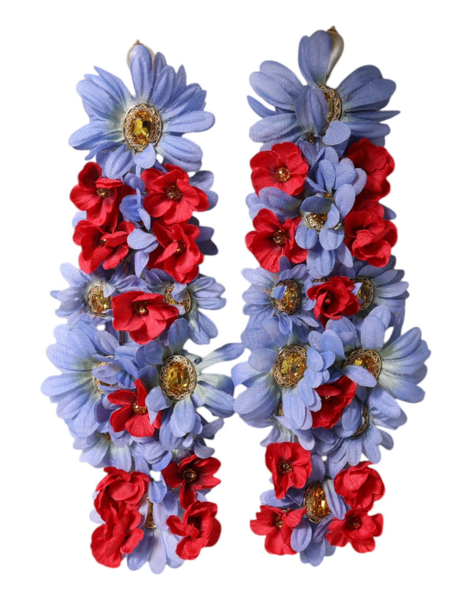 Dolce & Gabbana Gold Tone Brass Floral Crystal Clip On Dangling Earrings