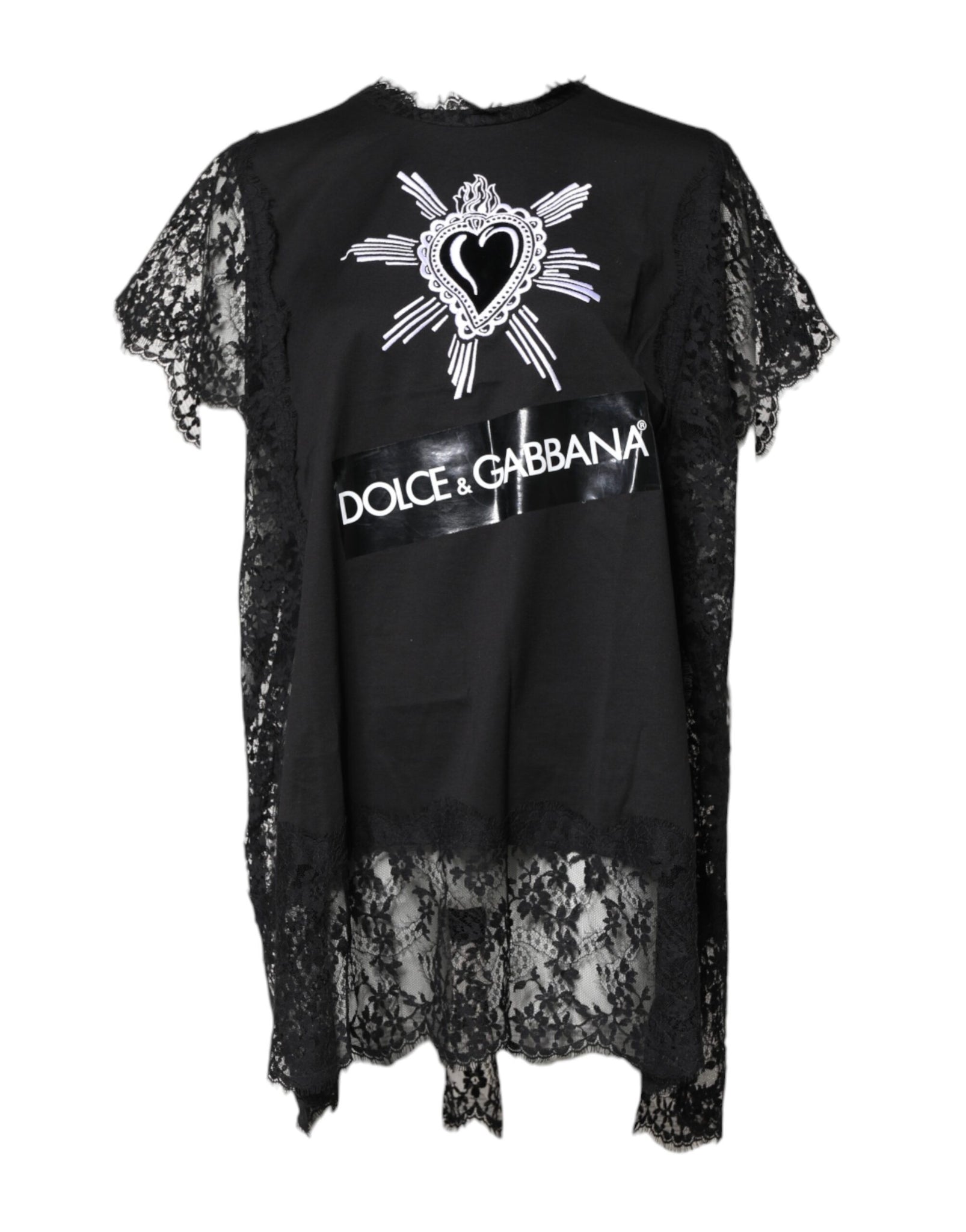 Dolce & Gabbana Black Lace Sheer Sacred Heart Crew Neck Top