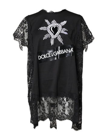 Dolce & Gabbana Black Lace Sheer Sacred Heart Crew Neck Top