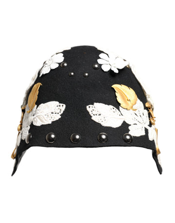 Dolce & Gabbana Black Wool White Floral Gold Leaf Cloche Hat