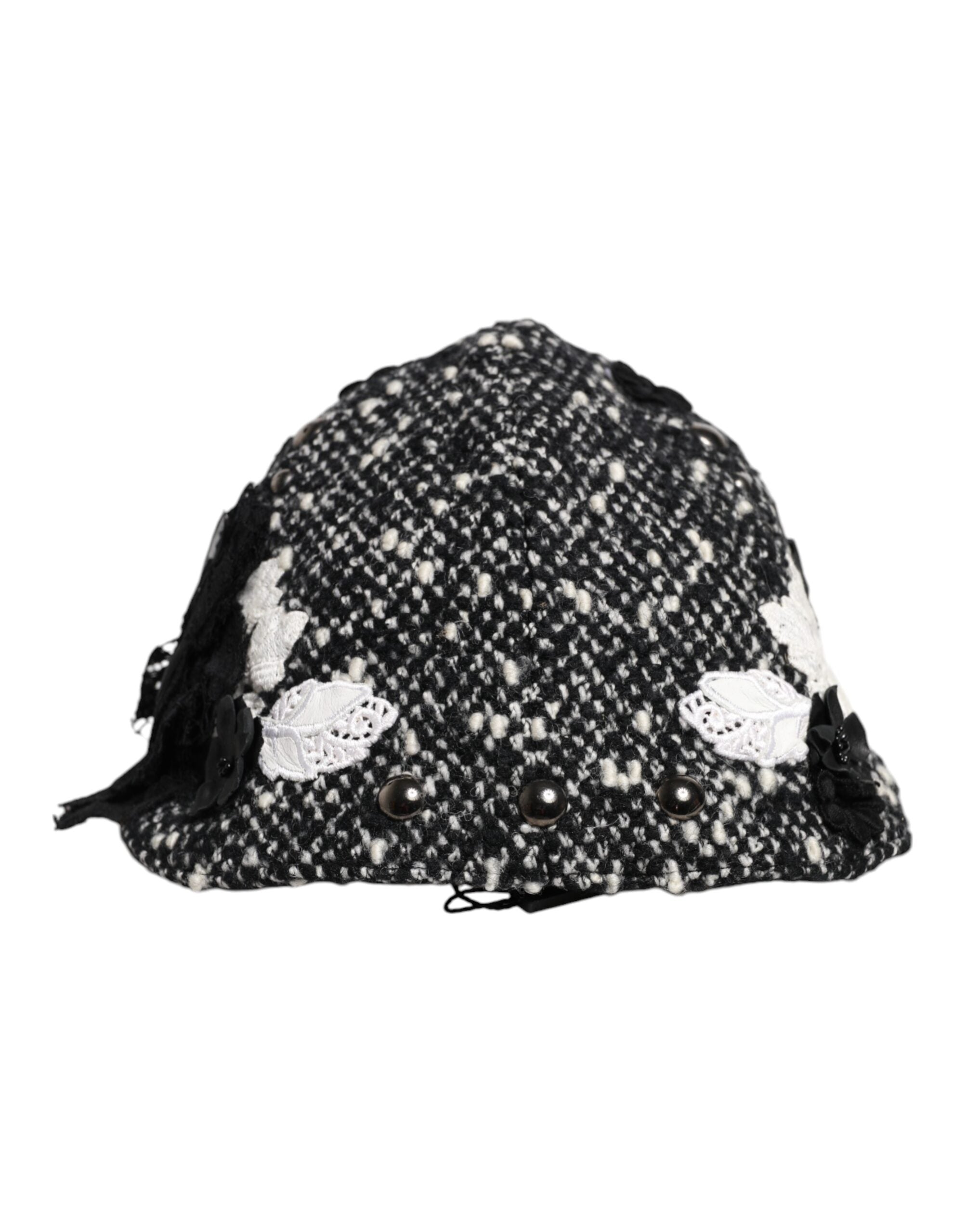 Dolce & Gabbana Black Wool White Floral Embellished Cloche Hat