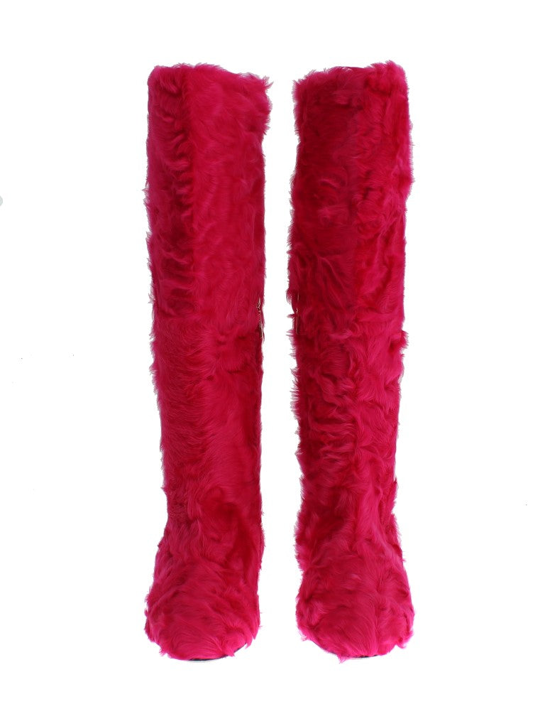 Dolce & Gabbana Pink Lamb Fur Leather Flat Boots - Whispers Of Wisdom Clothing