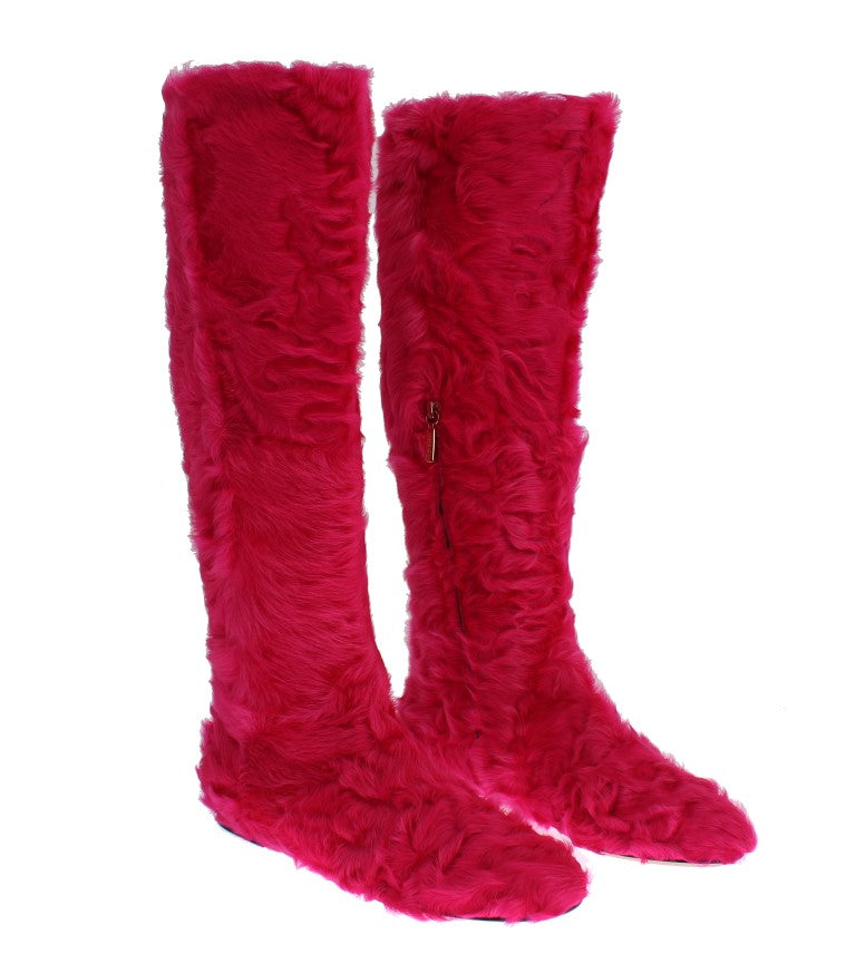 Dolce & Gabbana Pink Lamb Fur Leather Flat Boots - Whispers Of Wisdom Clothing