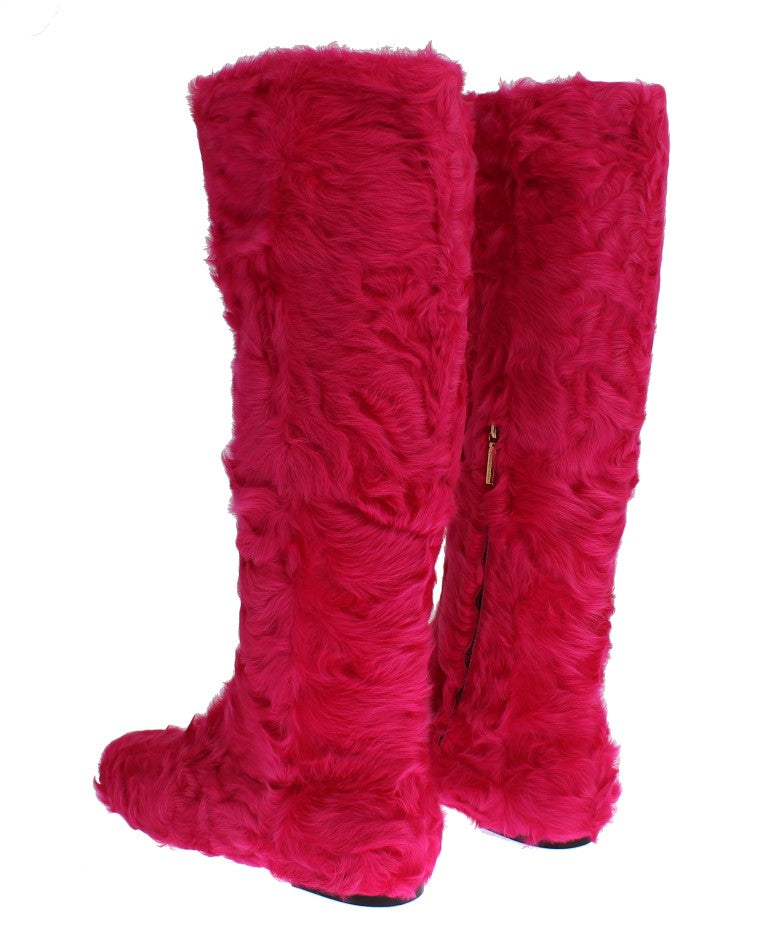 Dolce & Gabbana Pink Lamb Fur Leather Flat Boots - Whispers Of Wisdom Clothing