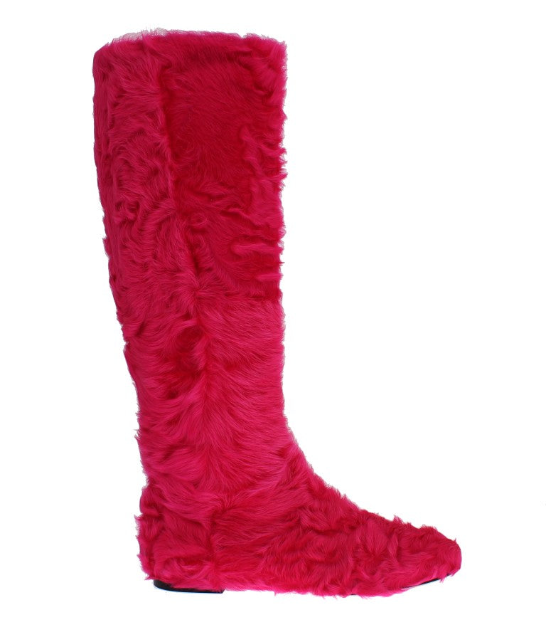 Dolce & Gabbana Pink Lamb Fur Leather Flat Boots - Whispers Of Wisdom Clothing