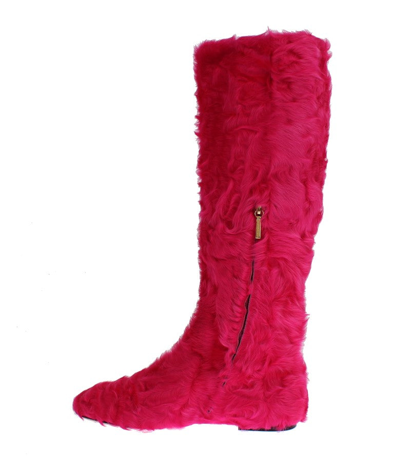 Dolce & Gabbana Pink Lamb Fur Leather Flat Boots - Whispers Of Wisdom Clothing