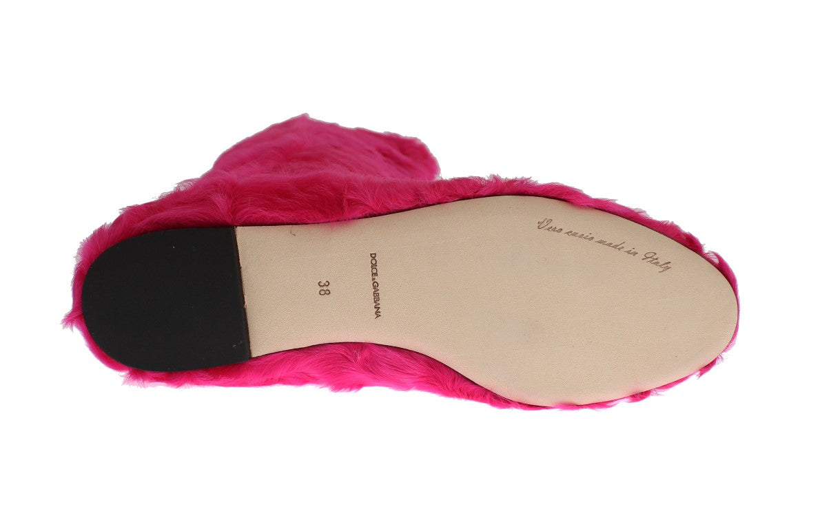Dolce & Gabbana Pink Lamb Fur Leather Flat Boots - Whispers Of Wisdom Clothing
