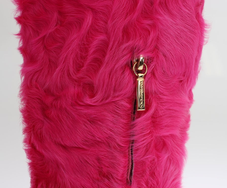Dolce & Gabbana Pink Lamb Fur Leather Flat Boots - Whispers Of Wisdom Clothing
