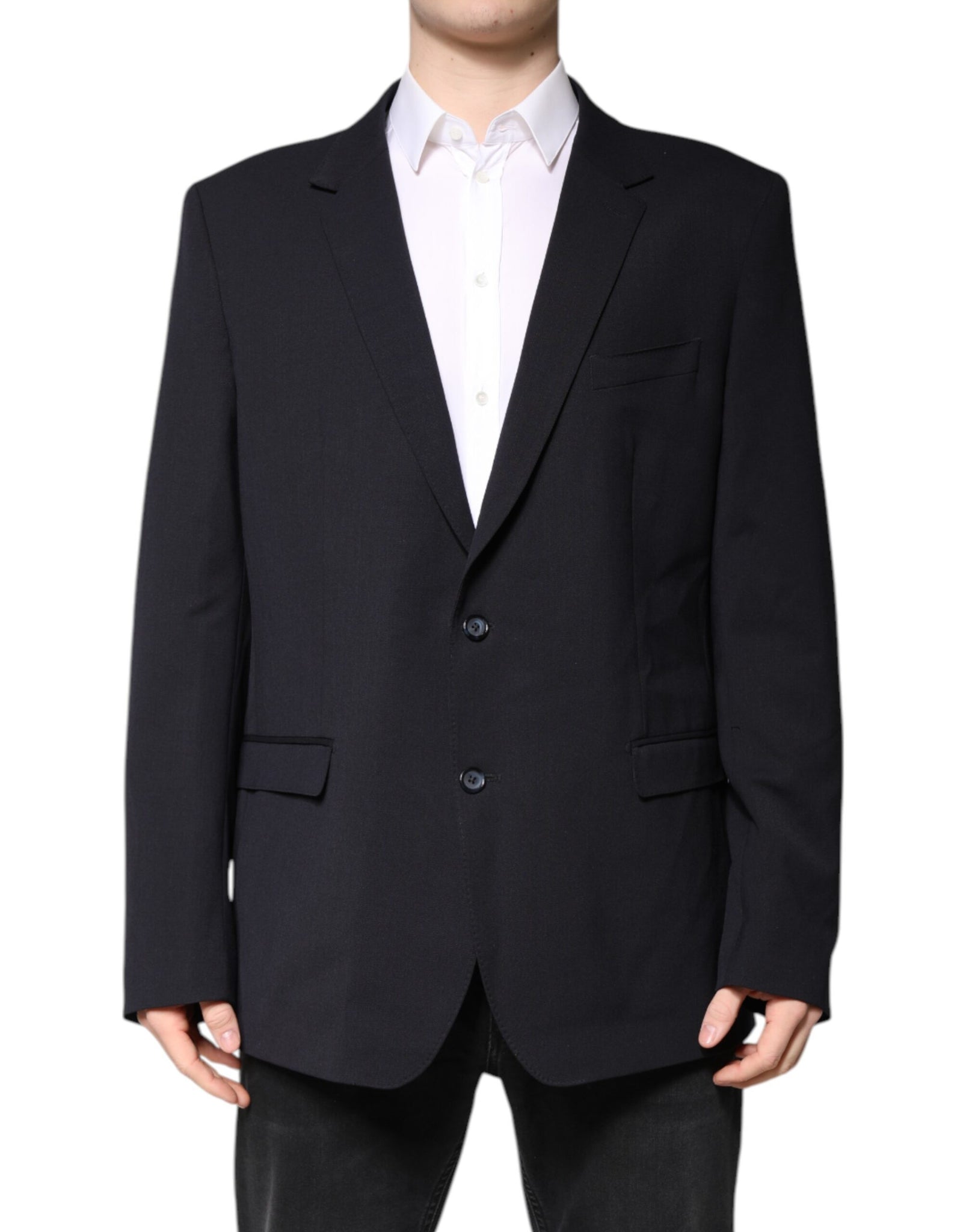 Dolce & Gabbana Dark Blue Wool Single Breasted Coat Blazer