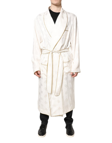Dolce & Gabbana Ivory Silk Logo Men Wrap Robe Coat Jacket