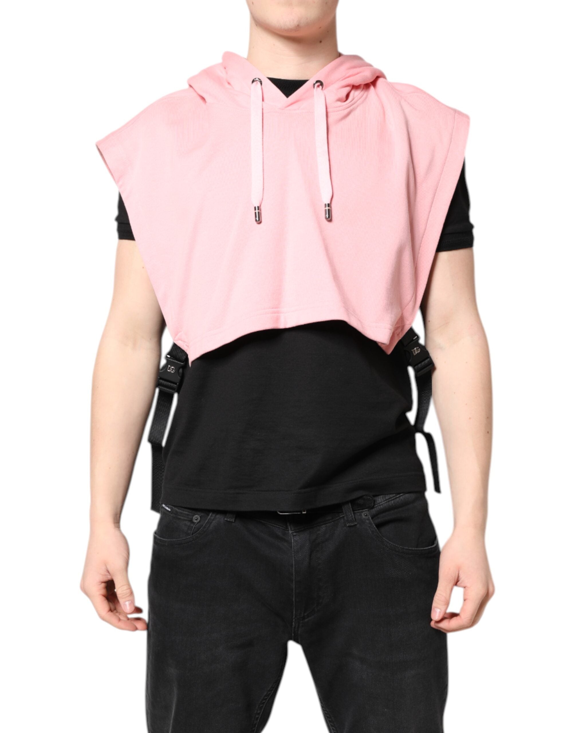Dolce & Gabbana Pink Cotton Hooded Men Sportswear Vest Sweater