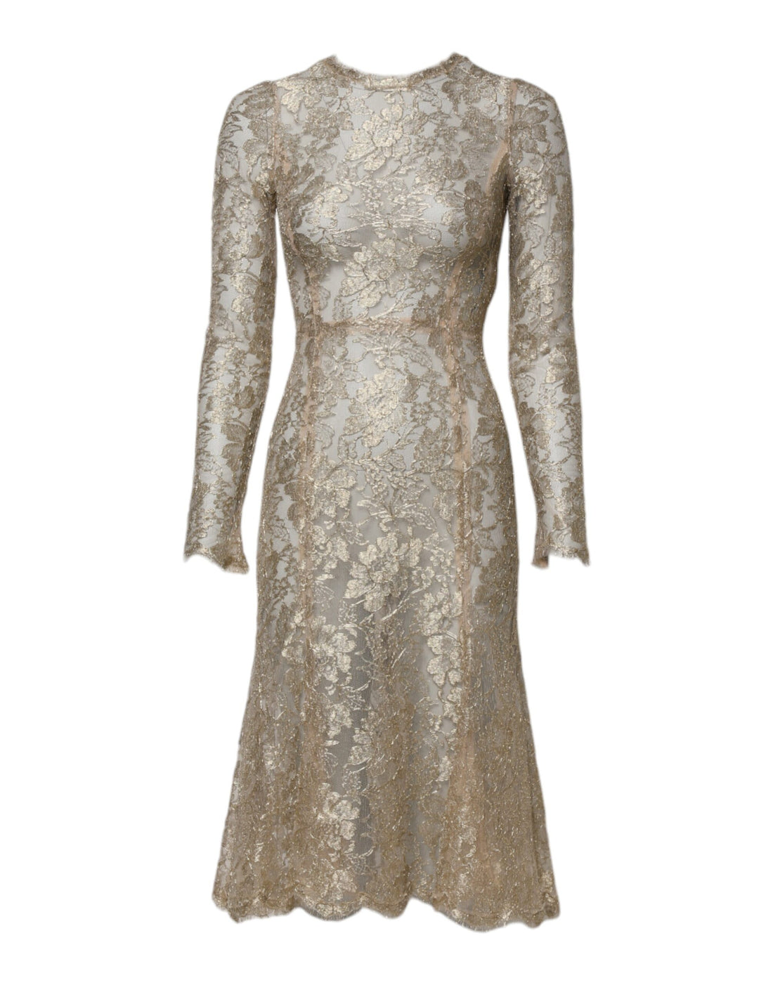Dolce & Gabbana Gold Floral Lace Long Sleeves Fit & Flare Dress