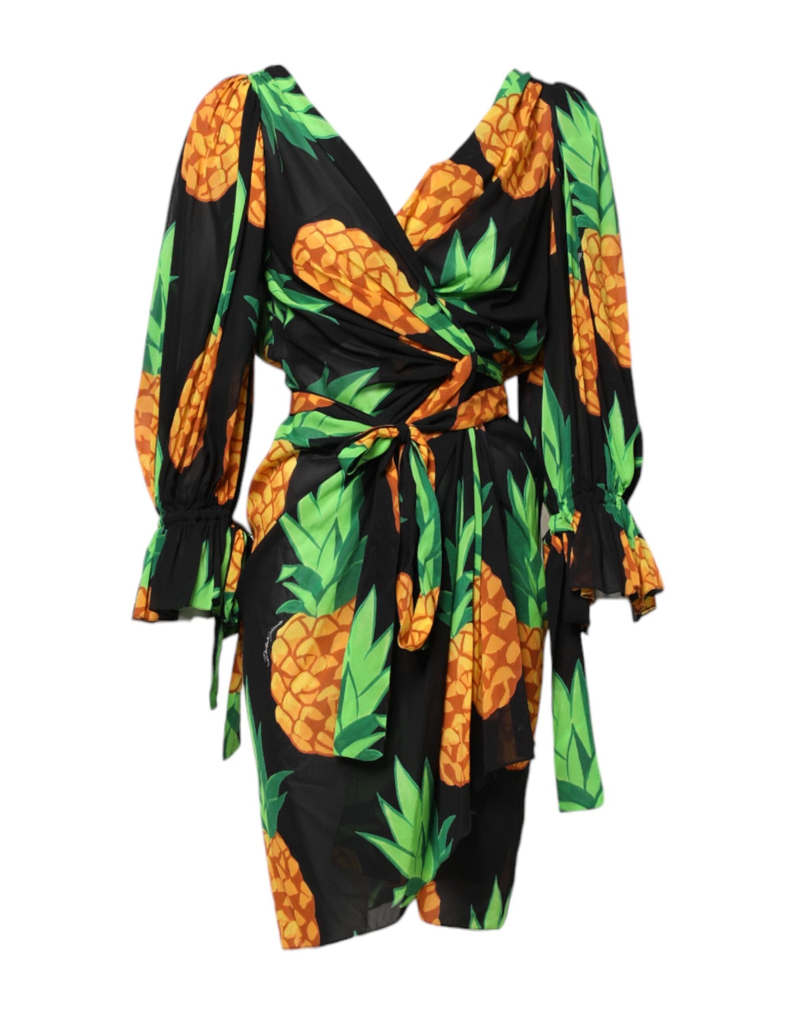Dolce & Gabbana Black Pineapple Print Silk Wrap Mini Dress