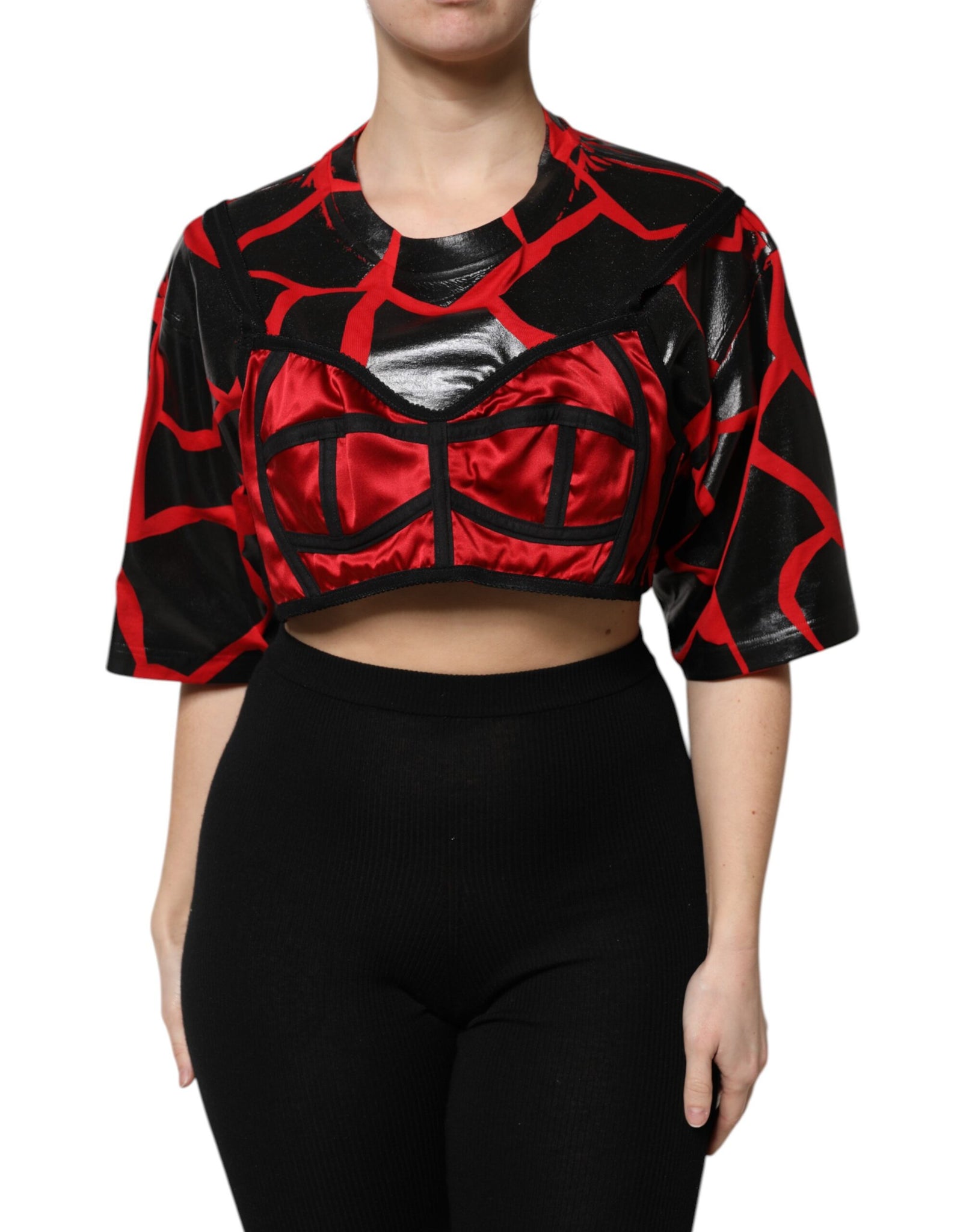 Dolce & Gabbana Red Black Cotton Bustier Detailing Cropped Top