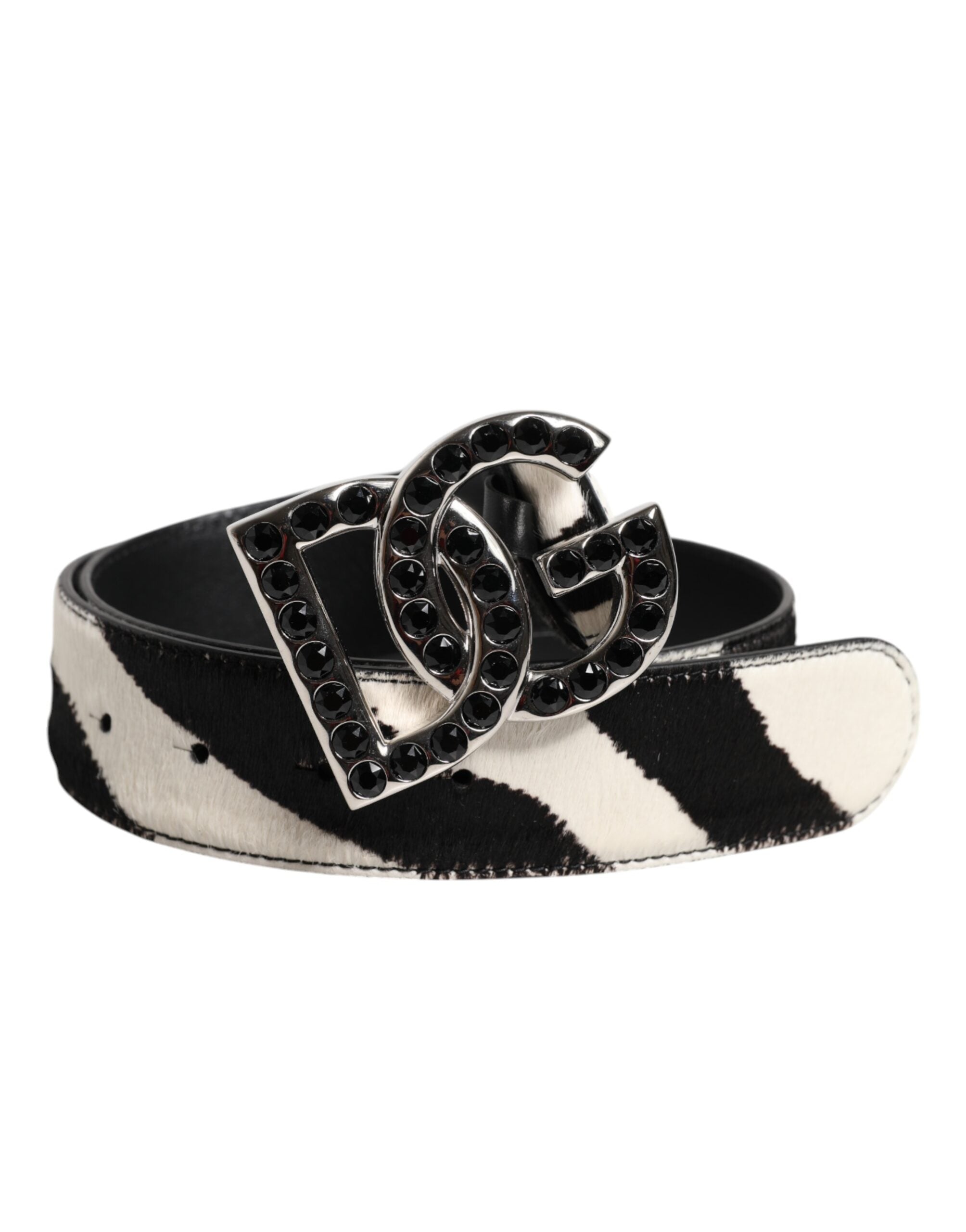 Dolce & Gabbana White Black Leather Zebra DG Crystal Buckle Belt