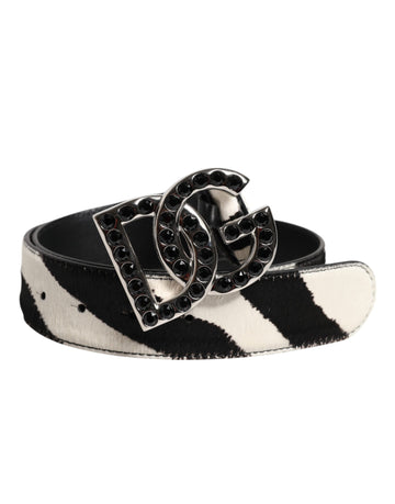 Dolce & Gabbana White Black Leather Zebra DG Crystal Buckle Belt