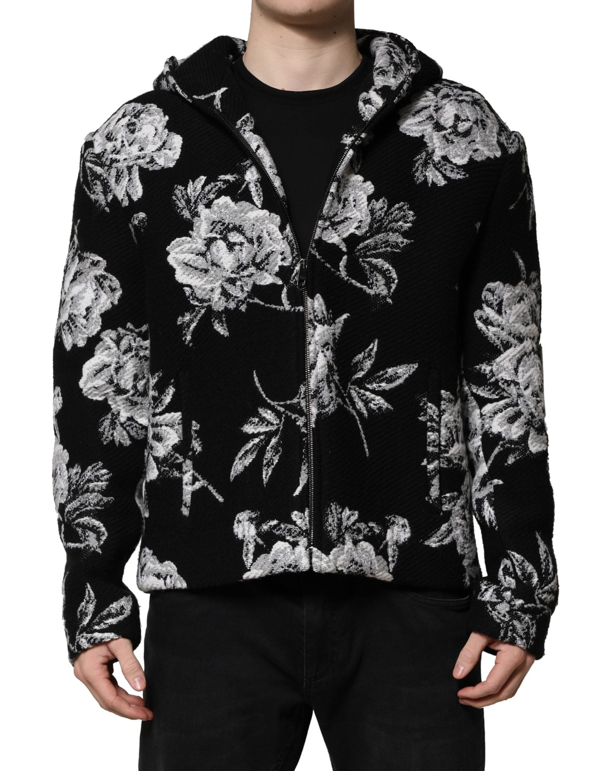 Dolce & Gabbana Black Wool Floral Printed Men Hooded Jacket