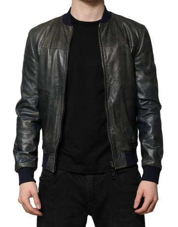 Dolce & Gabbana Black Lambskin Leather Biker Full Zip Jacket