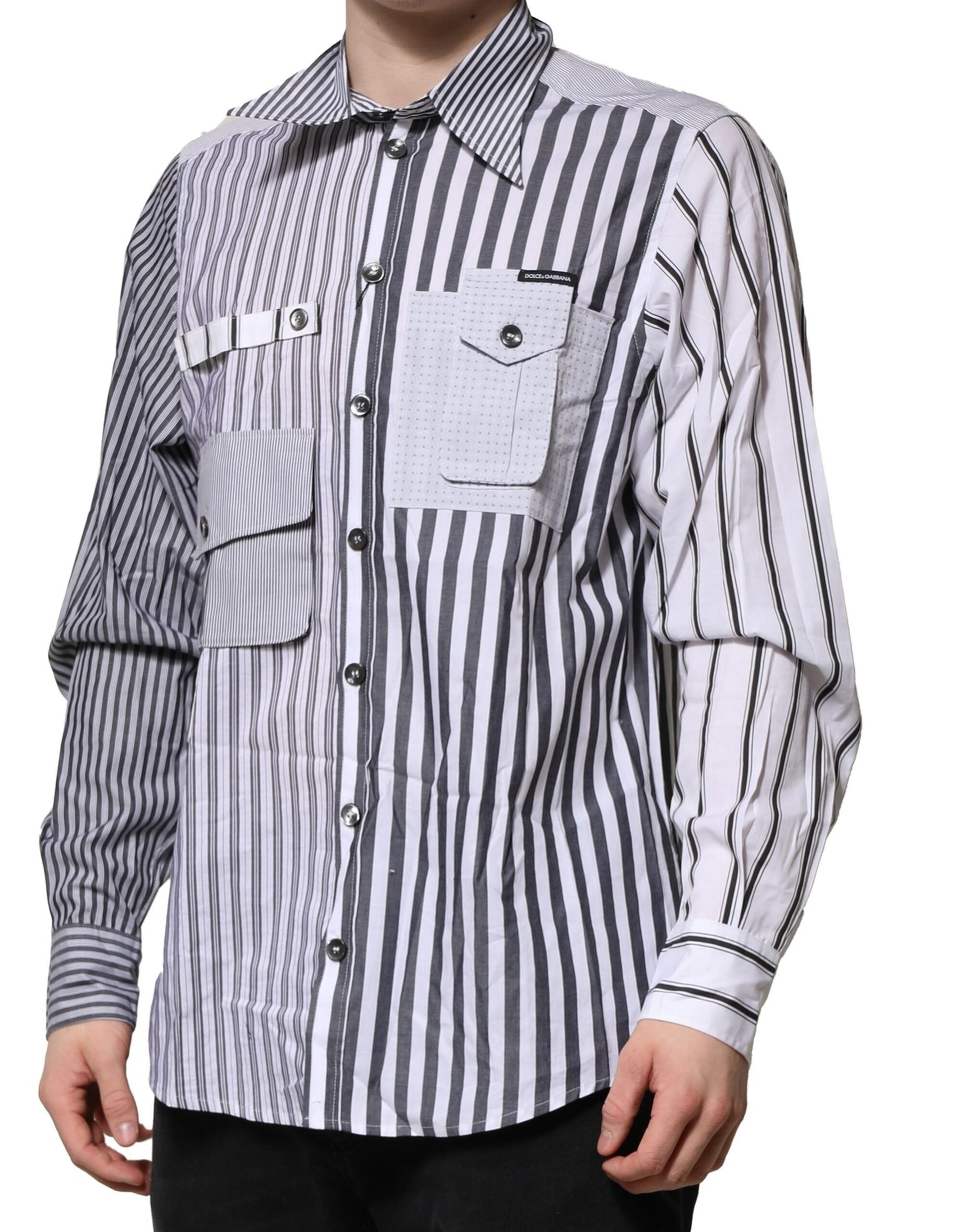 Dolce & Gabbana White Gray Striped Cotton Men Casual Shirt