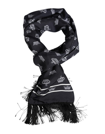 Dolce & Gabbana Black Silk Crown Fringes Men Foulard Scarf