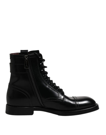 Dolce & Gabbana Black Leather Mid Calf Boots Lace Up Shoes