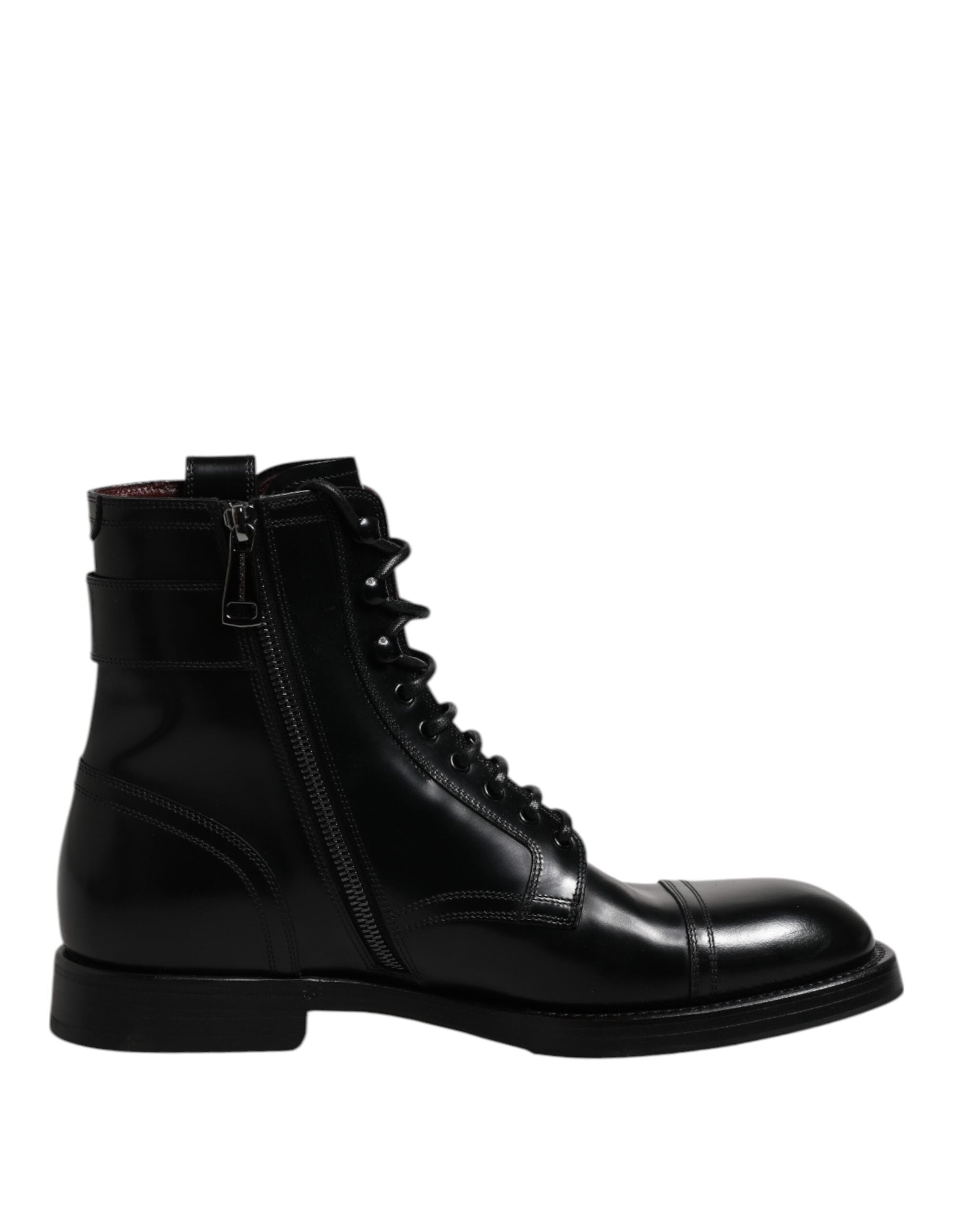 Dolce & Gabbana Black Leather Mid Calf Boots Lace Up Shoes