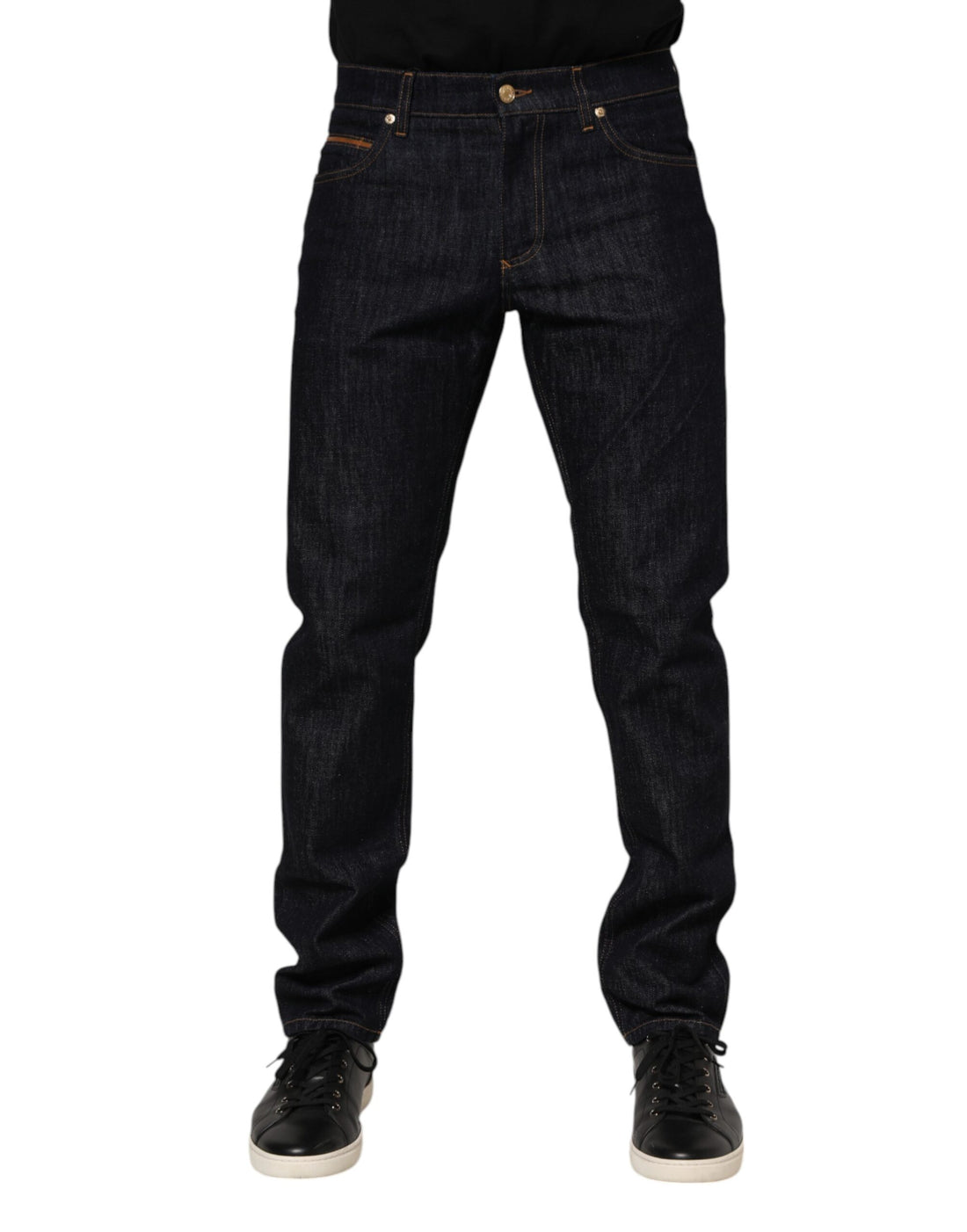 Dolce & Gabbana Dark Blue Cotton Logo Plaque Men Denim Jeans