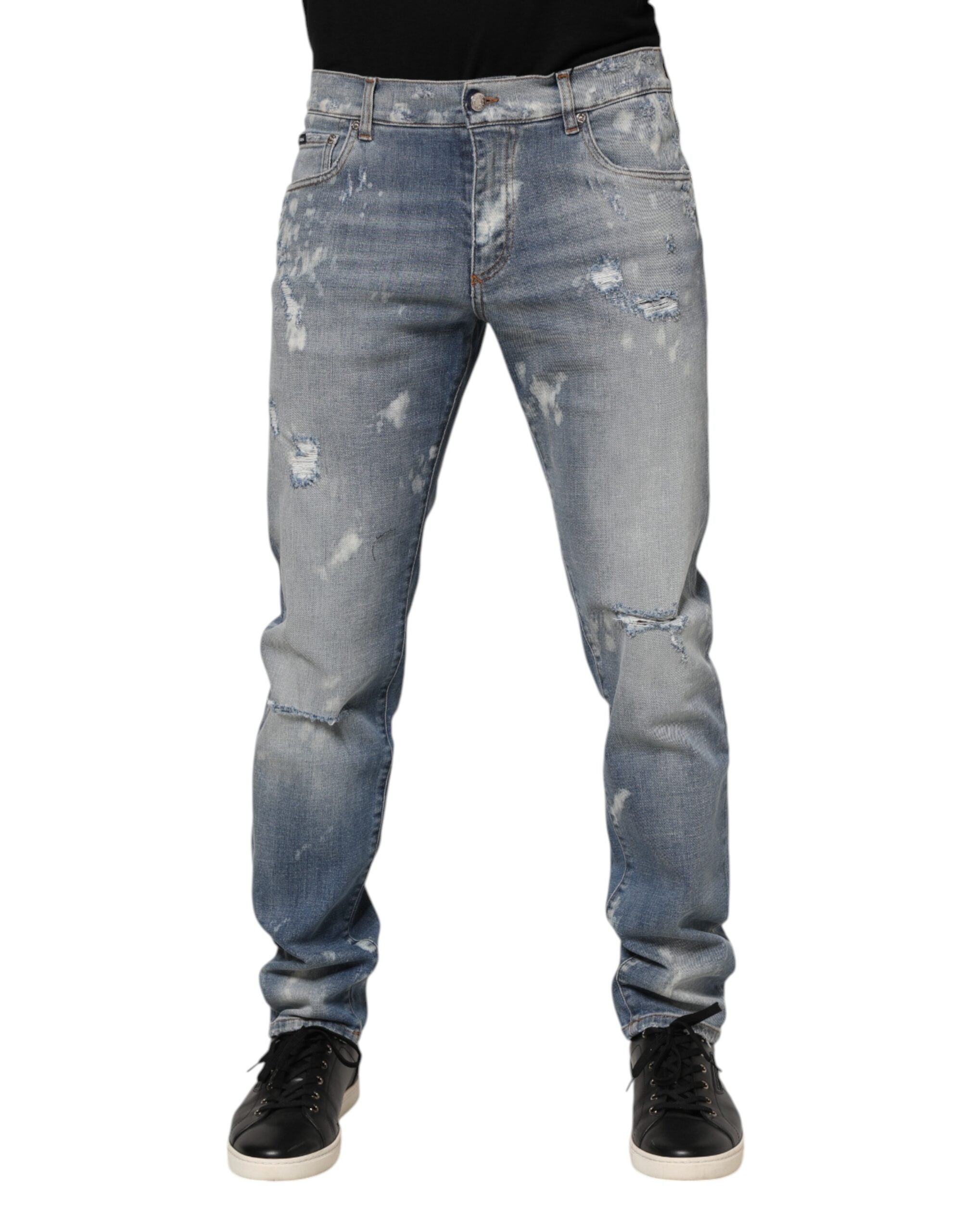 Dolce & Gabbana Blue Cotton Tattered Slim Fit Men Denim Jeans