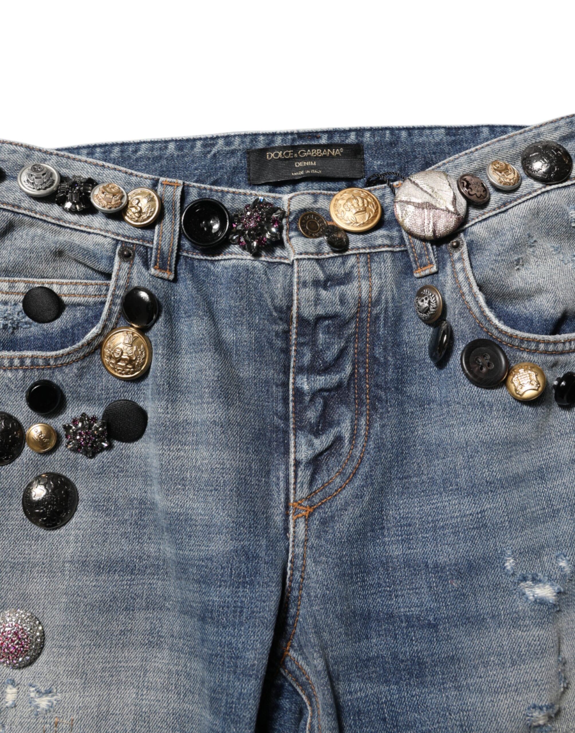 Dolce & Gabbana Blue Embellished Tattered SkinnyDenim Jeans