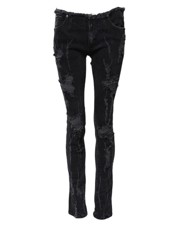Dolce & Gabbana Black Cotton Tattered Skinny Denim Jeans