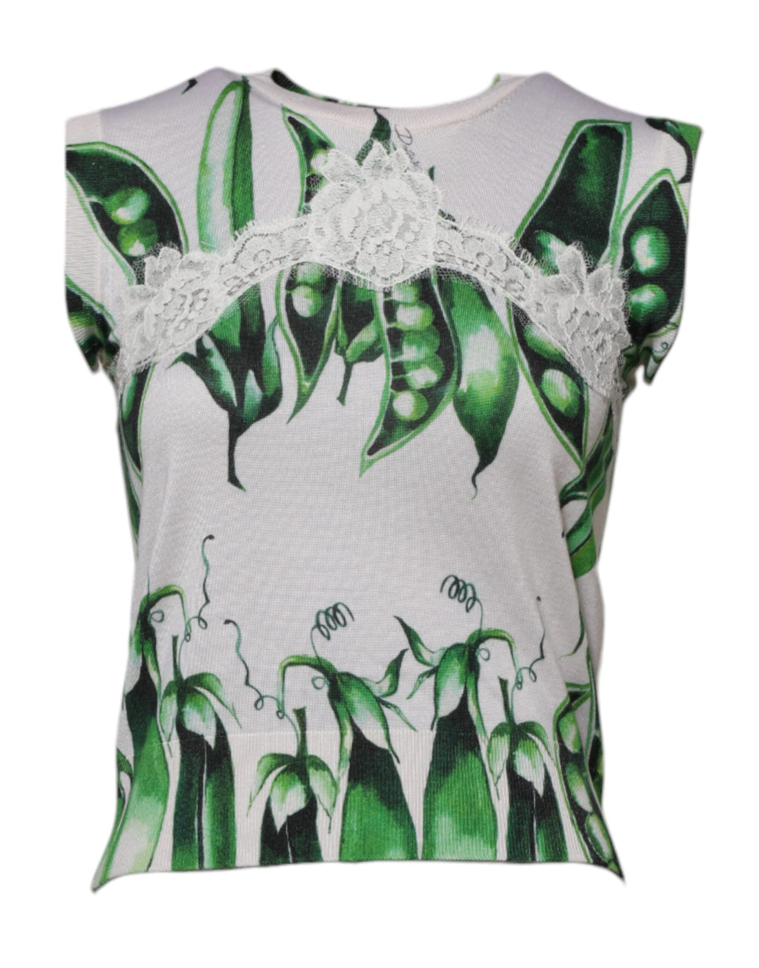 Dolce & Gabbana White Green Pea Print Sleeveless Blouse Top