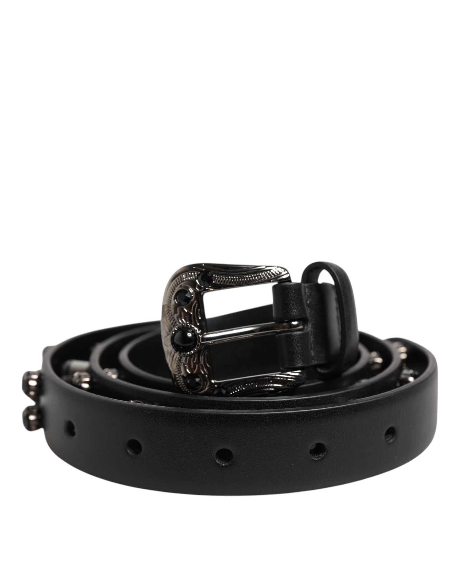 Dolce & Gabbana Black Studded Leather Metal Logo Buckle Belt
