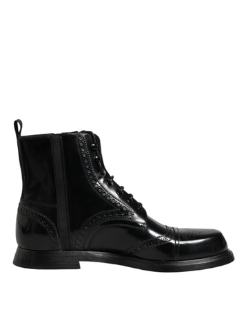 Dolce & Gabbana Black Leather Lace Up Mid Calf Boots Shoes
