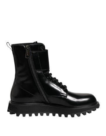 Dolce & Gabbana Black Leather Lace Up Mid Calf Boots Shoes