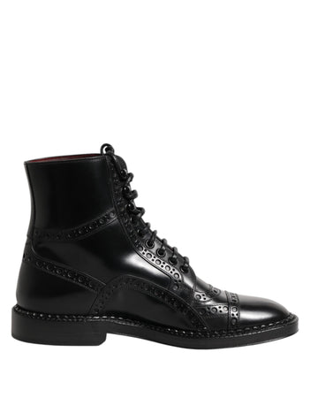 Dolce & Gabbana Black Leather Lace Up Mid Calf Boots Shoes