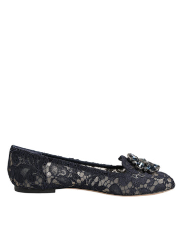 Dolce & Gabbana Blue Taormina Lace Crystals Flats Shoes
