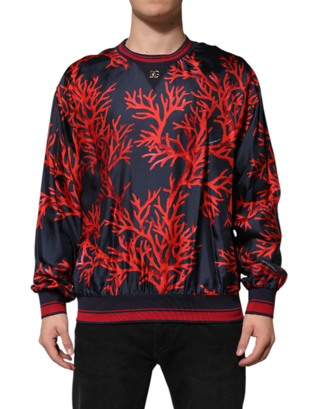 Dolce & Gabbana Navy Red Silk Coral Print Pullover Sweater