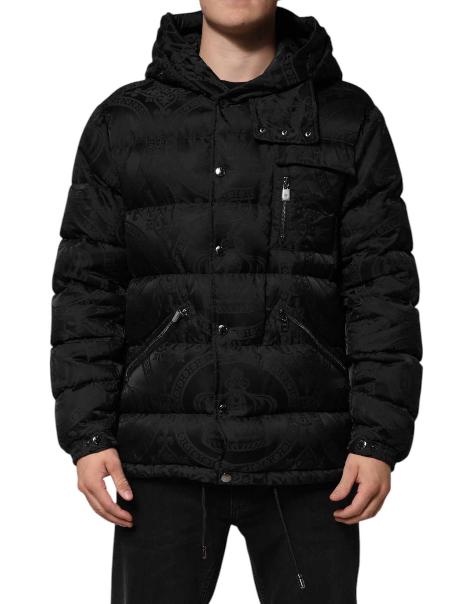 Dolce & Gabbana Black Jacquard Quilted Puffer Hooded Jacket