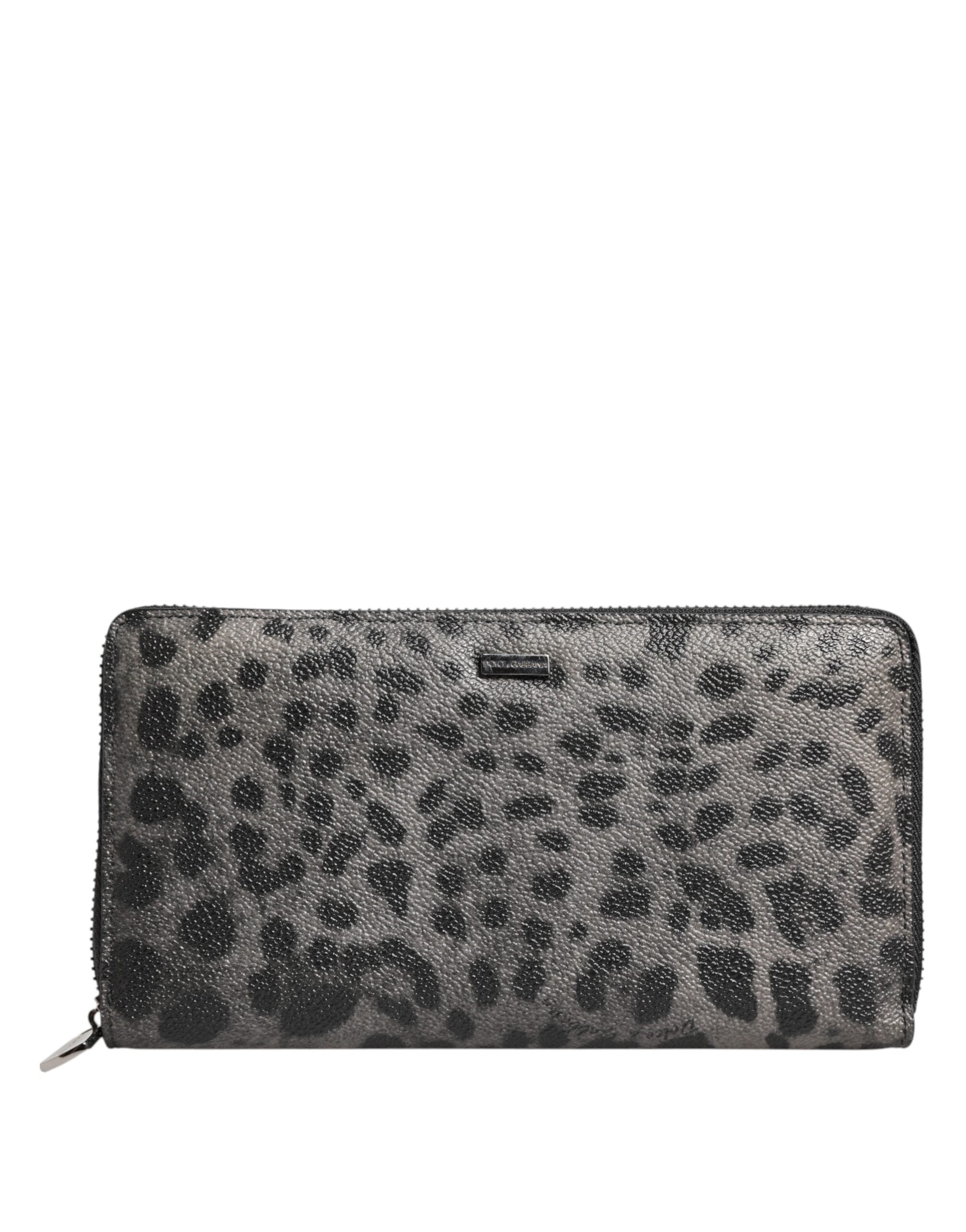 Dolce & Gabbana Black Gray Leopard Leather Zip Around Continental Wallet