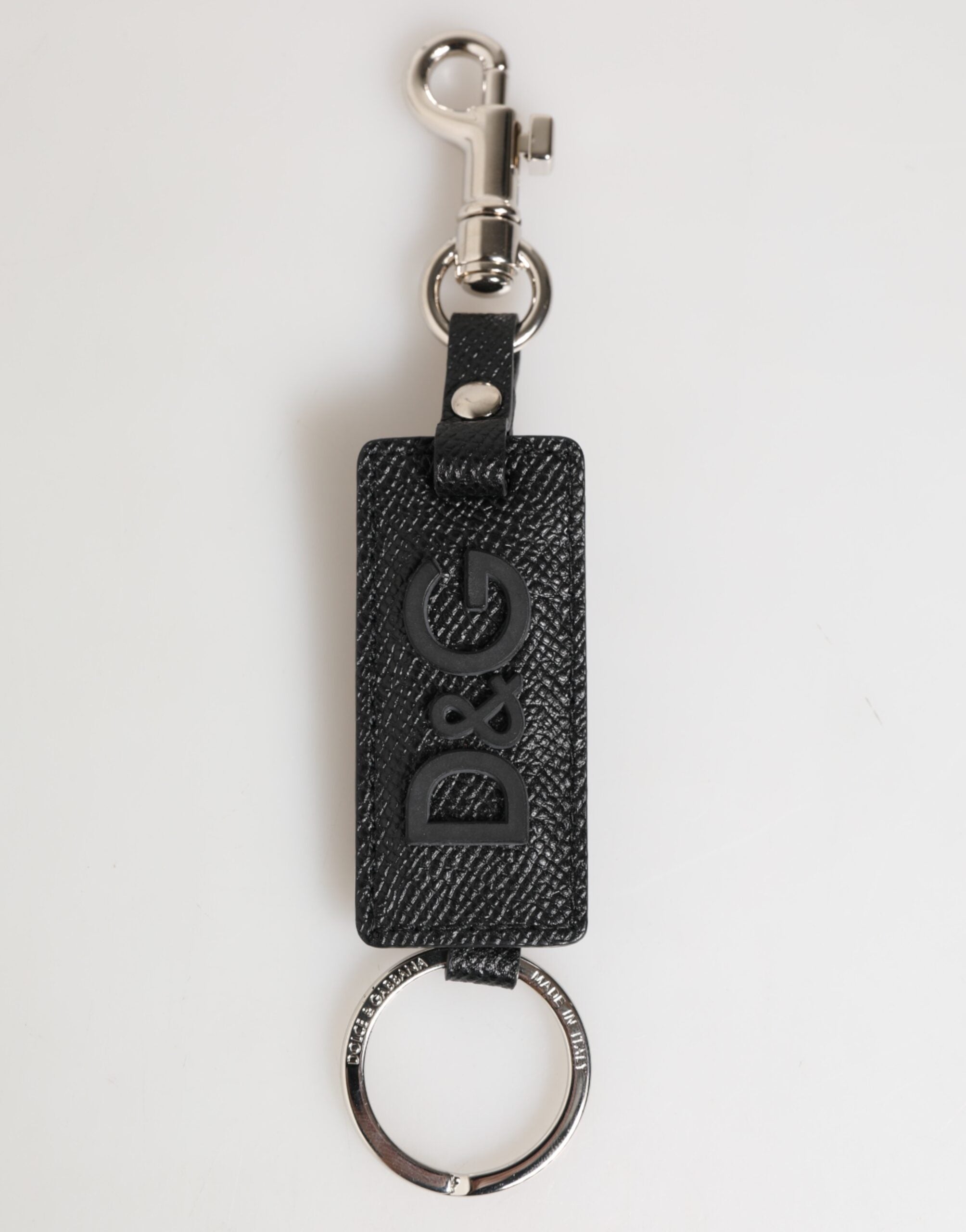 Dolce & Gabbana Black Leather Logo Metal Ring Keychain Holder Keyring